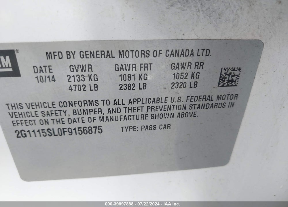 2015 CHEVROLET IMPALA 1LT VIN: 2G1115SL0F9156875