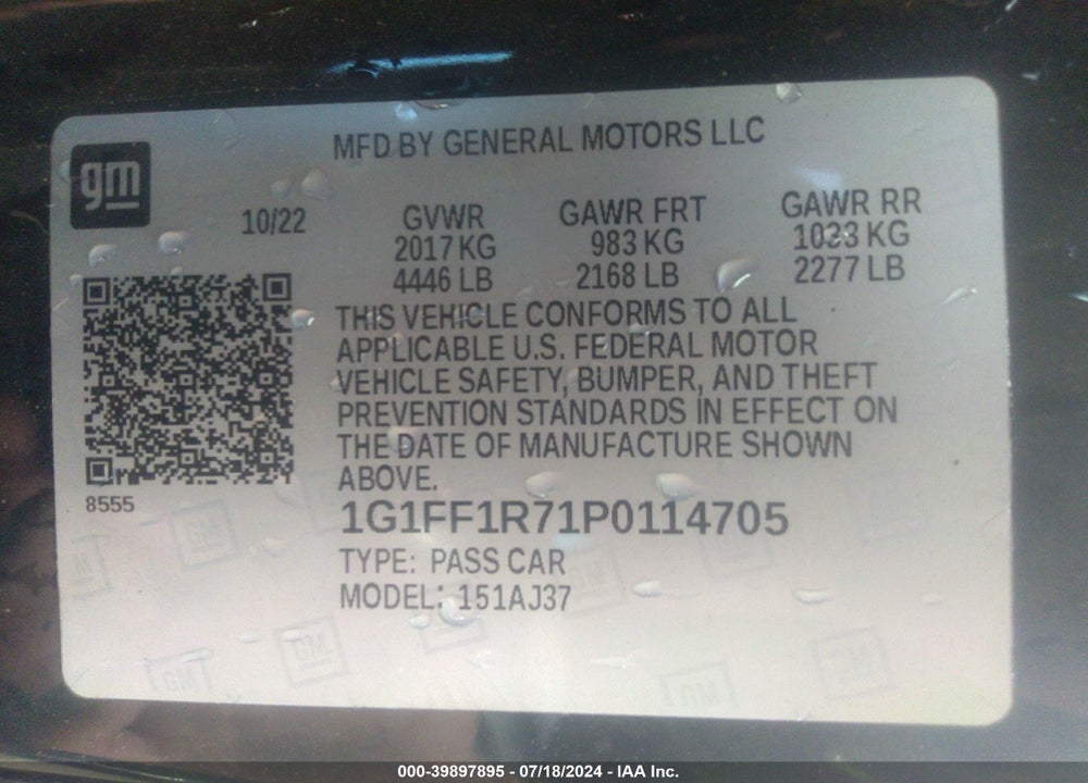 2023 CHEVROLET CAMARO RWD LT1 VIN: 1G1FF1R71P0114705
