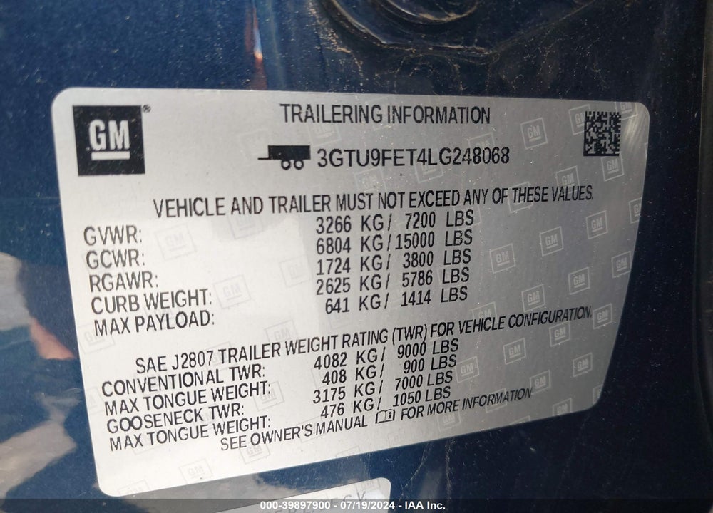 2020 GMC SIERRA 1500 4WD SHORT BOX DENALI VIN: 3GTU9FET4LG248068