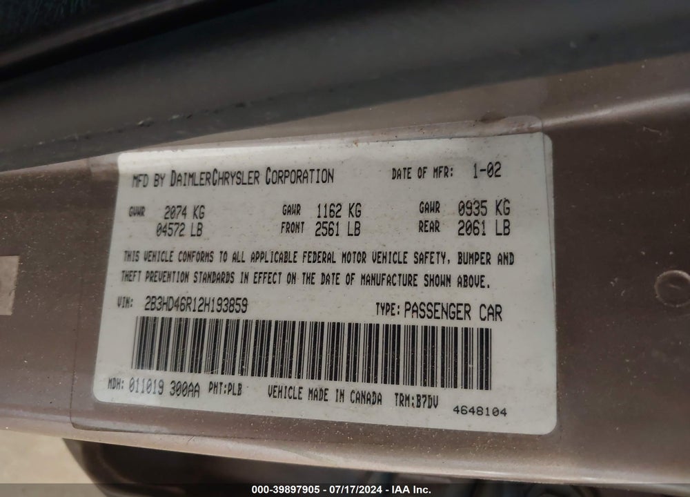 2002 DODGE INTREPID SE VIN: 2B3HD46R12H193859
