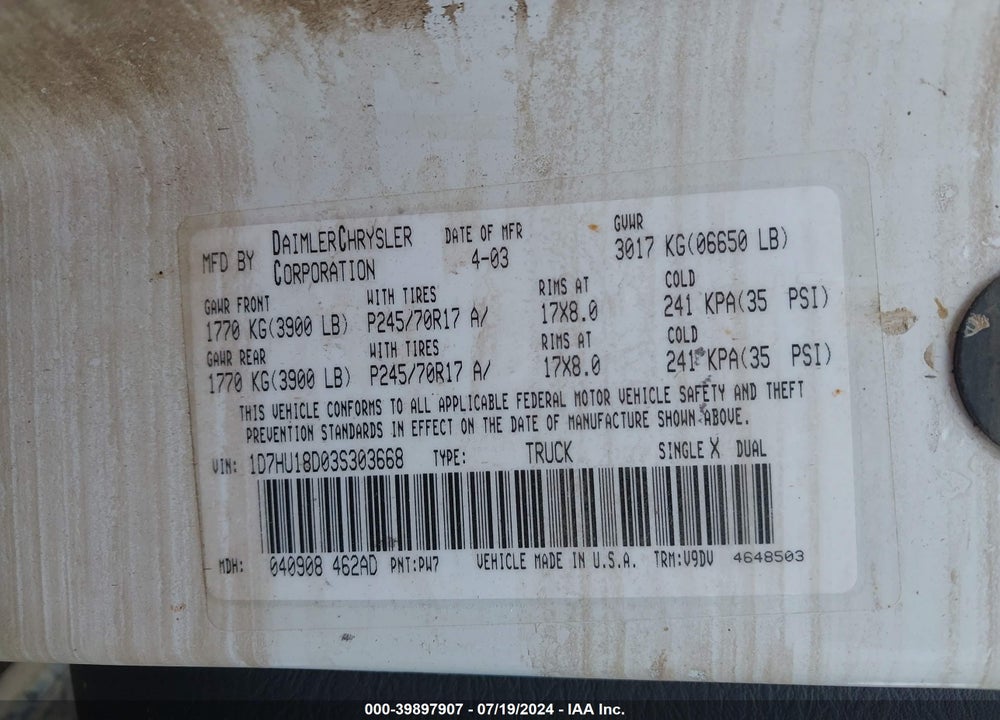 2003 DODGE RAM 1500 SLT/LARAMIE/ST VIN: 1D7HU18D03S303668