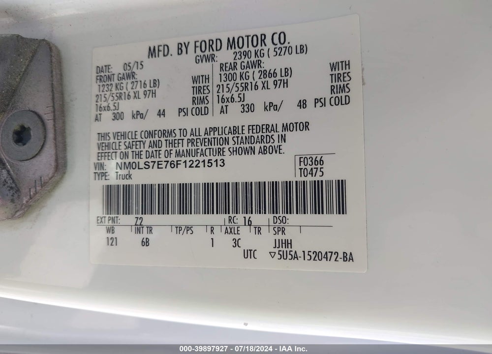 2015 FORD TRANSIT CONNECT XL VIN: NM0LS7E76F1221513