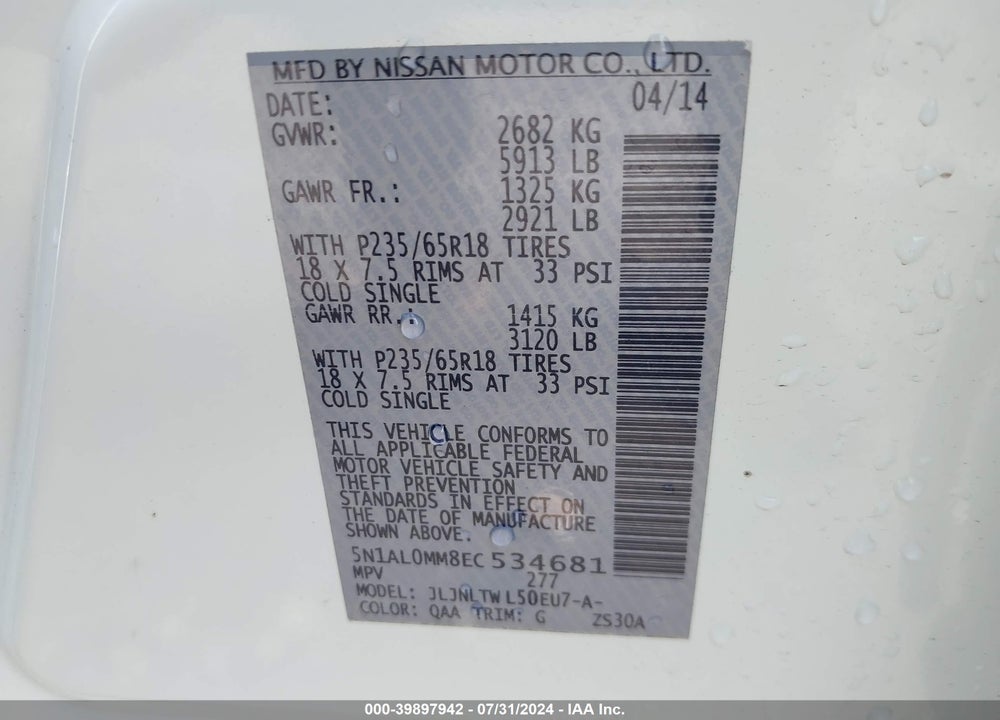 2014 INFINITI QX60 VIN: 5N1AL0MM8EC534681