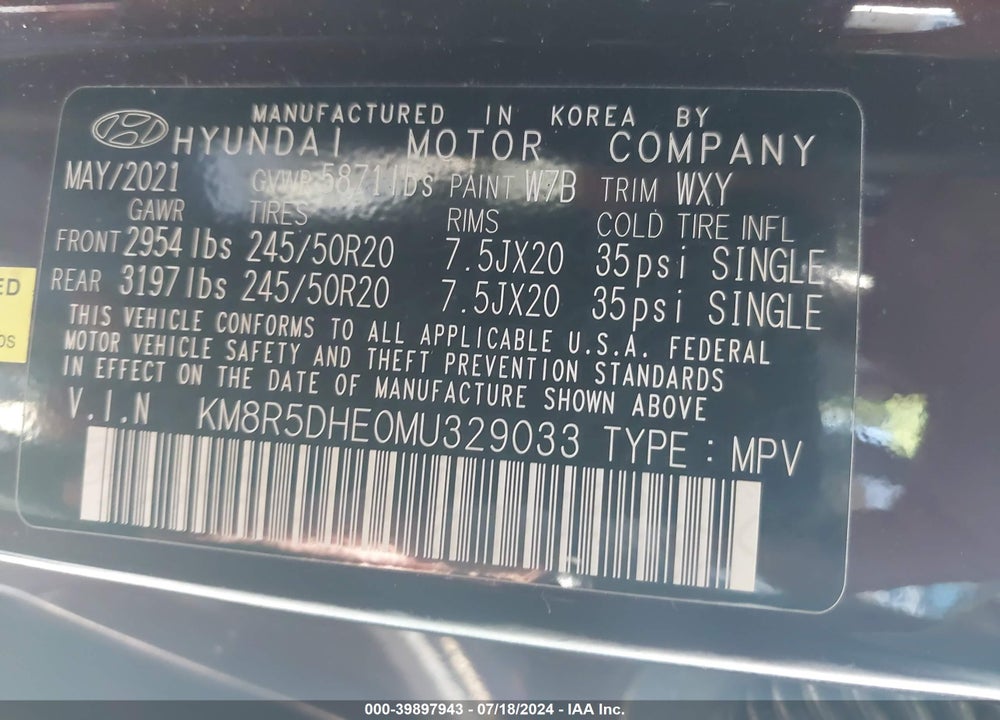 2021 HYUNDAI PALISADE LIMITED VIN: KM8R5DHE0MU329033