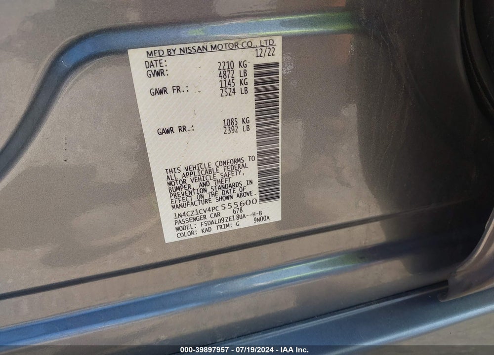 2023 NISSAN LEAF SV PLUS 60 KWH VIN: 1N4CZ1CV4PC555600