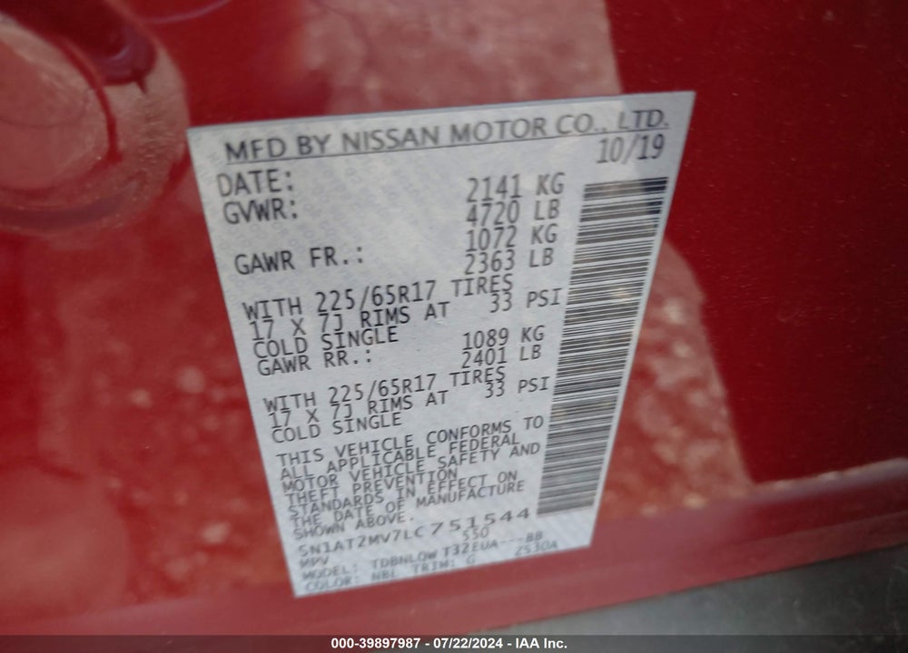 2020 NISSAN ROGUE SV INTELLIGENT AWD VIN: 5N1AT2MV7LC751544