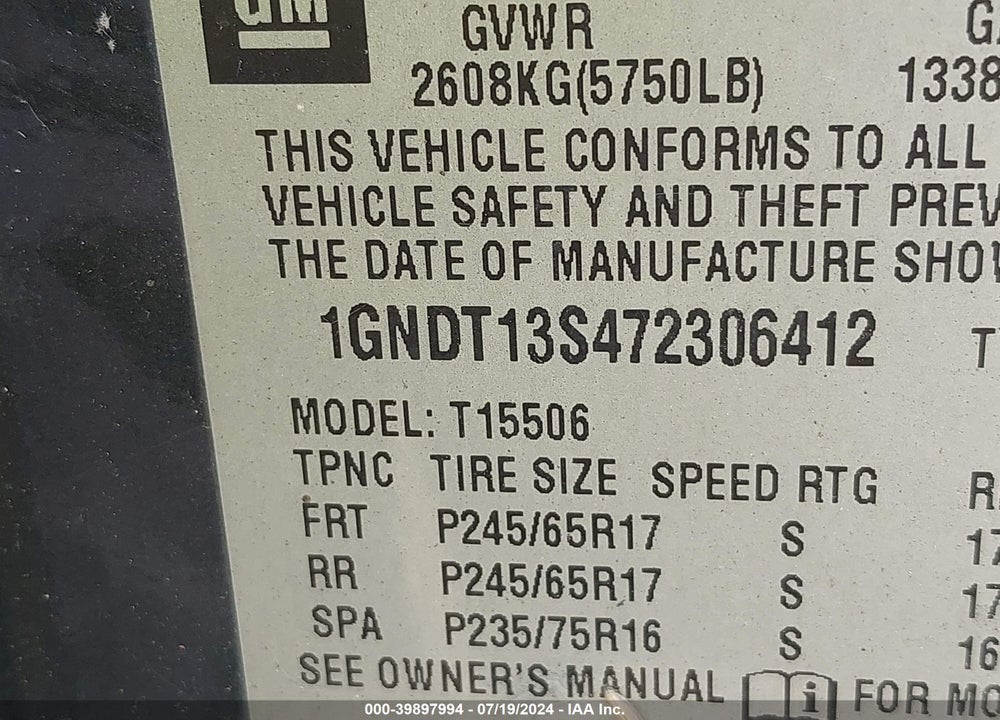 2007 CHEVROLET TRAILBLAZER LT VIN: 1GNDT13S472306412
