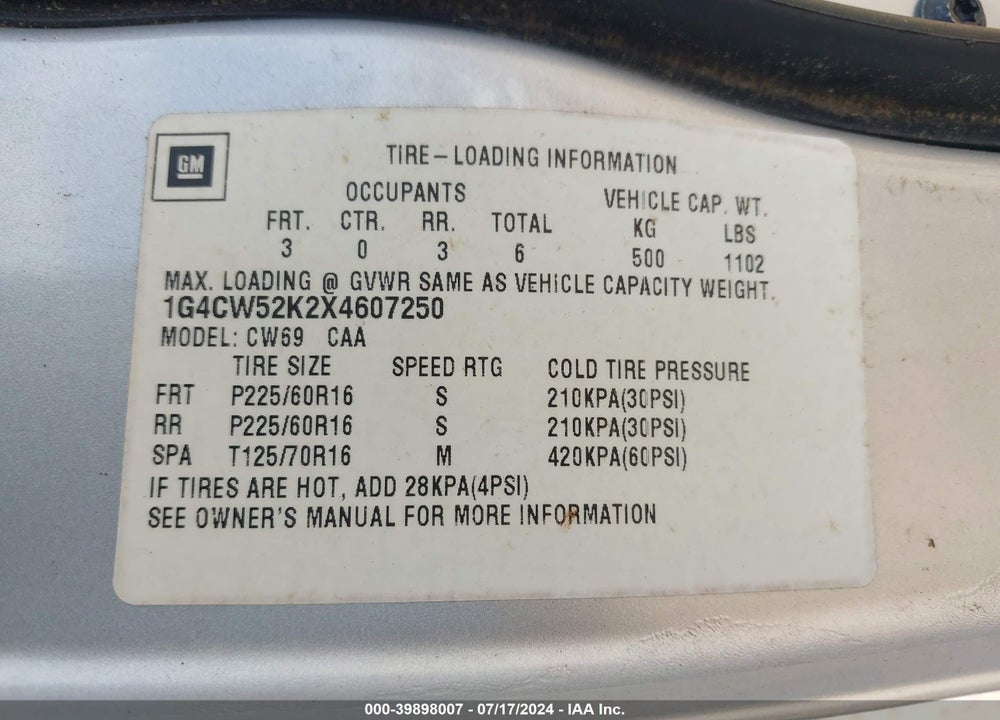 1999 BUICK PARK AVENUE VIN: 1G4CW52K2X4607250