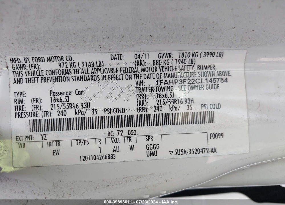 2012 FORD FOCUS SE VIN: 1FAHP3F22CL145784