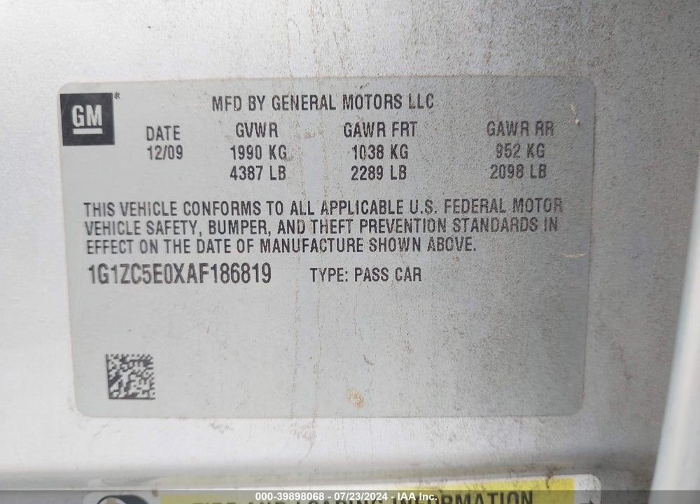 2010 CHEVROLET MALIBU LT VIN: 1G1ZC5E0XAF186819