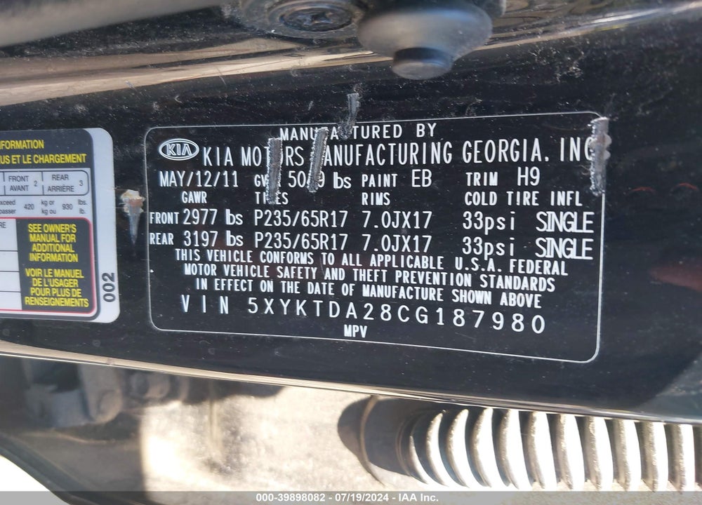 2012 KIA SORENTO LX V6 VIN: 5XYKTDA28CG187980