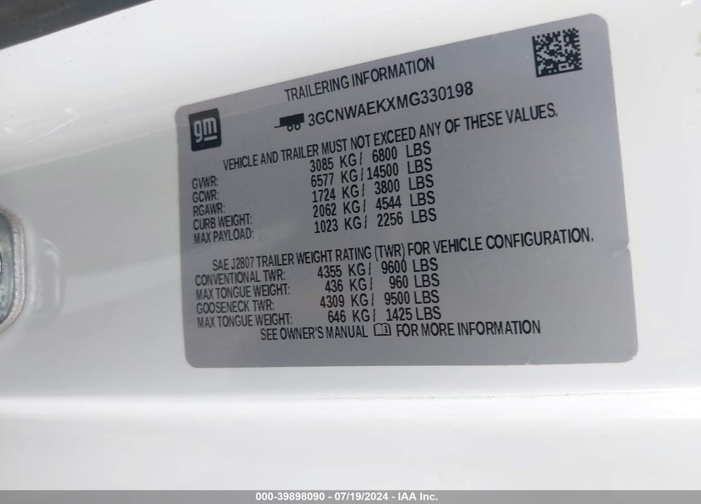 2021 CHEVROLET SILVERADO 1500 2WD REGULAR CAB LONG BED WT VIN: 3GCNWAEKXMG330198