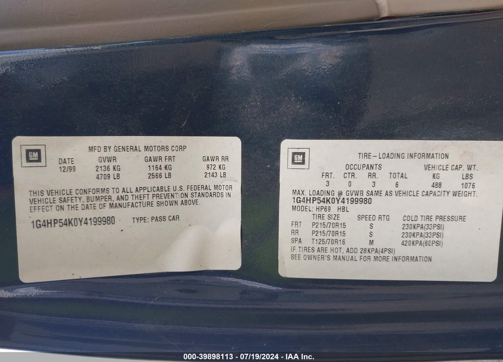 2000 BUICK LESABRE CUSTOM VIN: 1G4HP54K0Y4199980