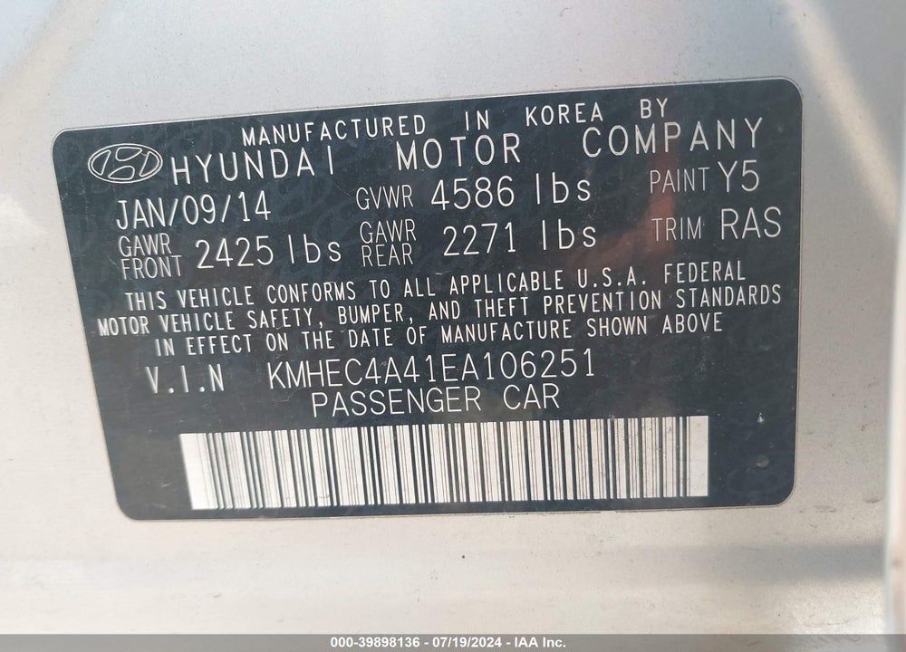 2014 HYUNDAI SONATA HYBRID VIN: KMHEC4A41EA106251