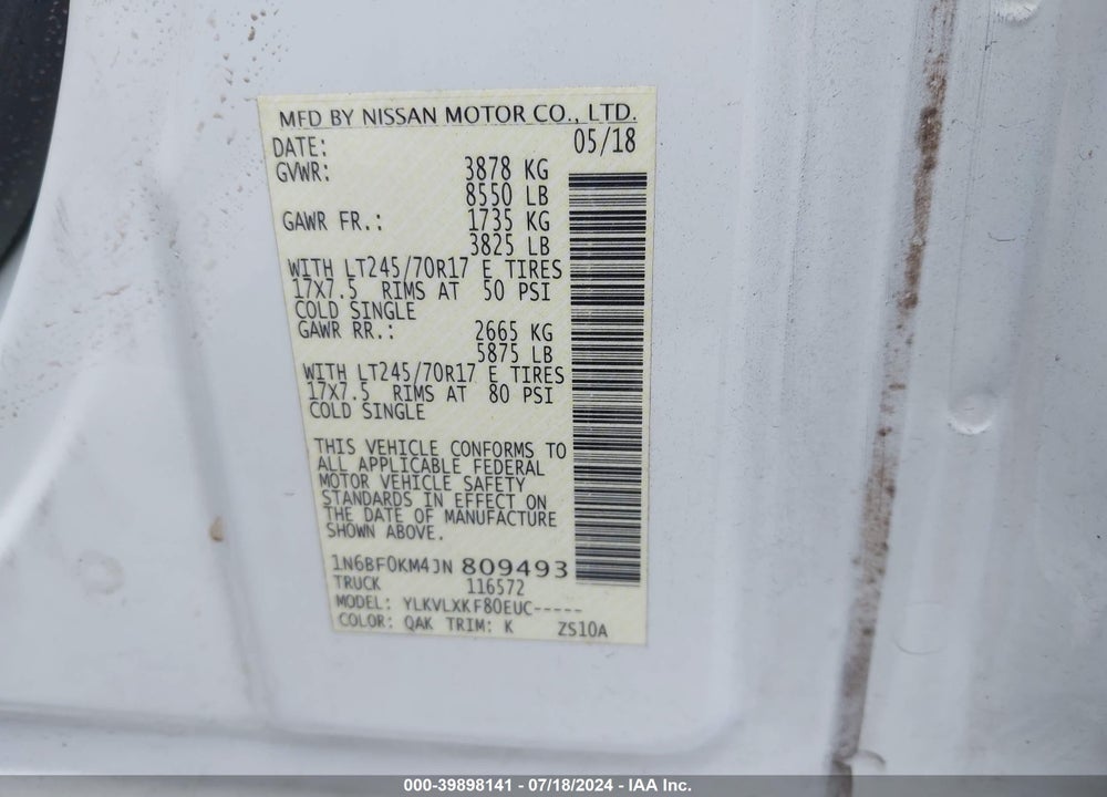 2018 NISSAN NV CARGO NV1500 SV V6 VIN: 1N6BF0KM4JN809493