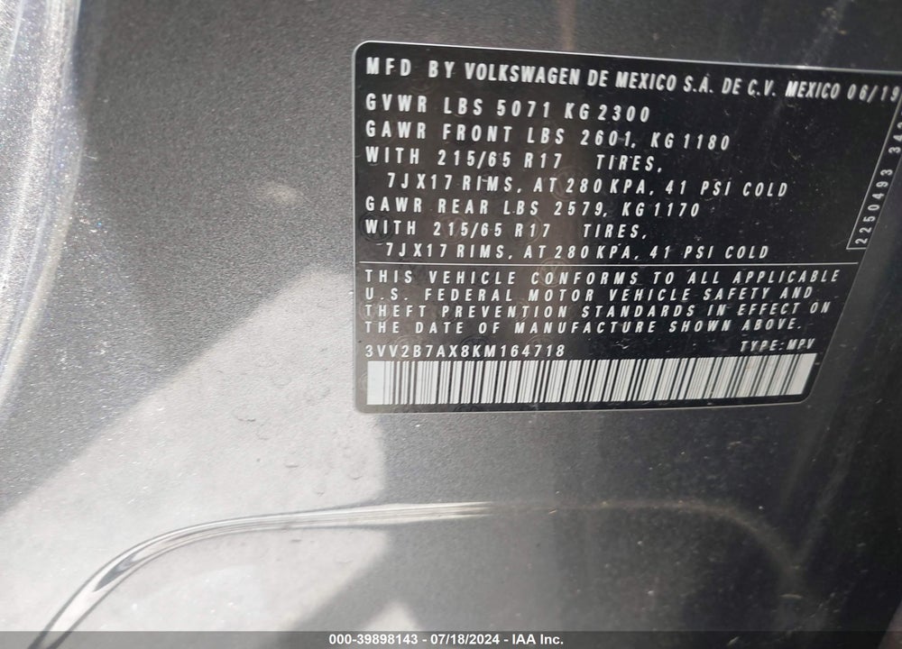 2019 VOLKSWAGEN TIGUAN 2.0T SE/2.0T SEL/2.0T SEL R-LINE/2.0T SEL R-LINE BLACK VIN: 3VV2B7AX8KM164718