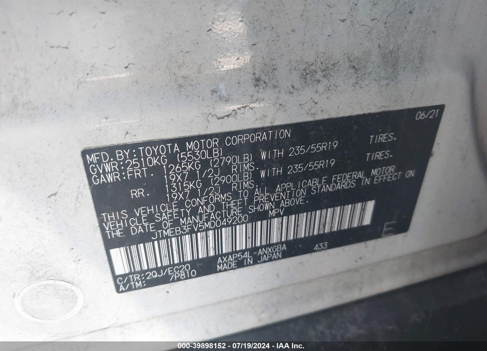 2021 TOYOTA RAV4 PRIME XSE VIN: JTMEB3FV5MD049200