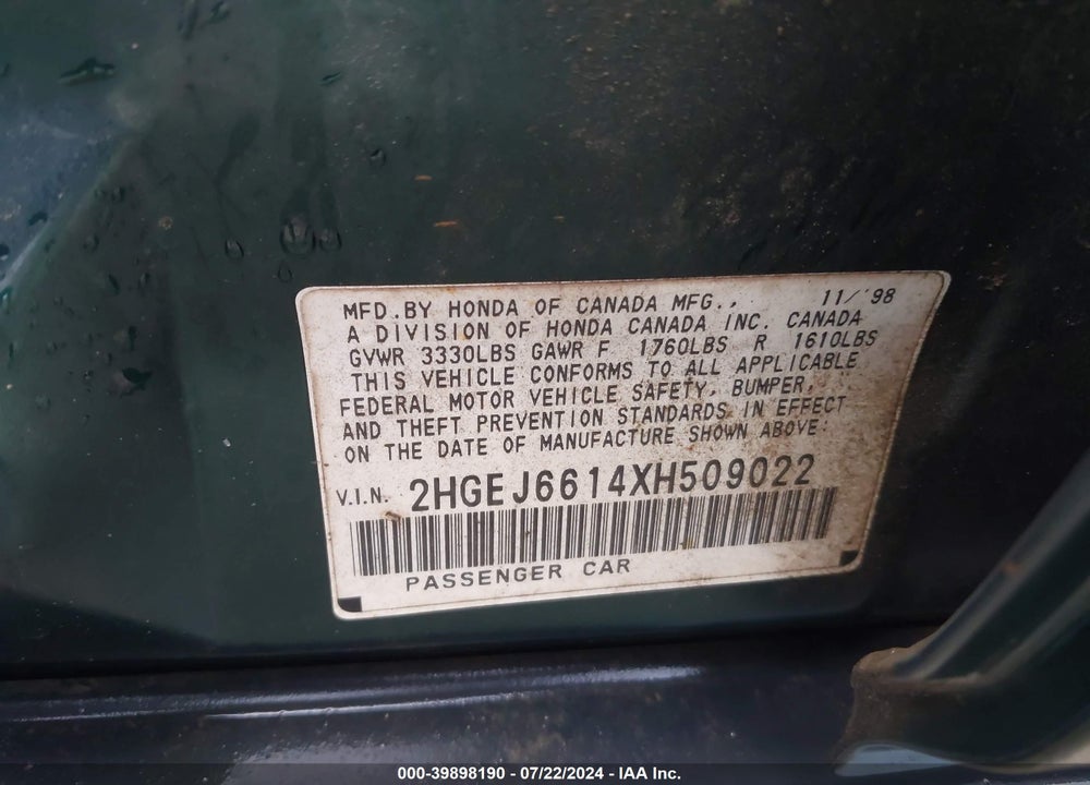 1999 HONDA CIVIC VIN: 2HGEJ6614XH509022