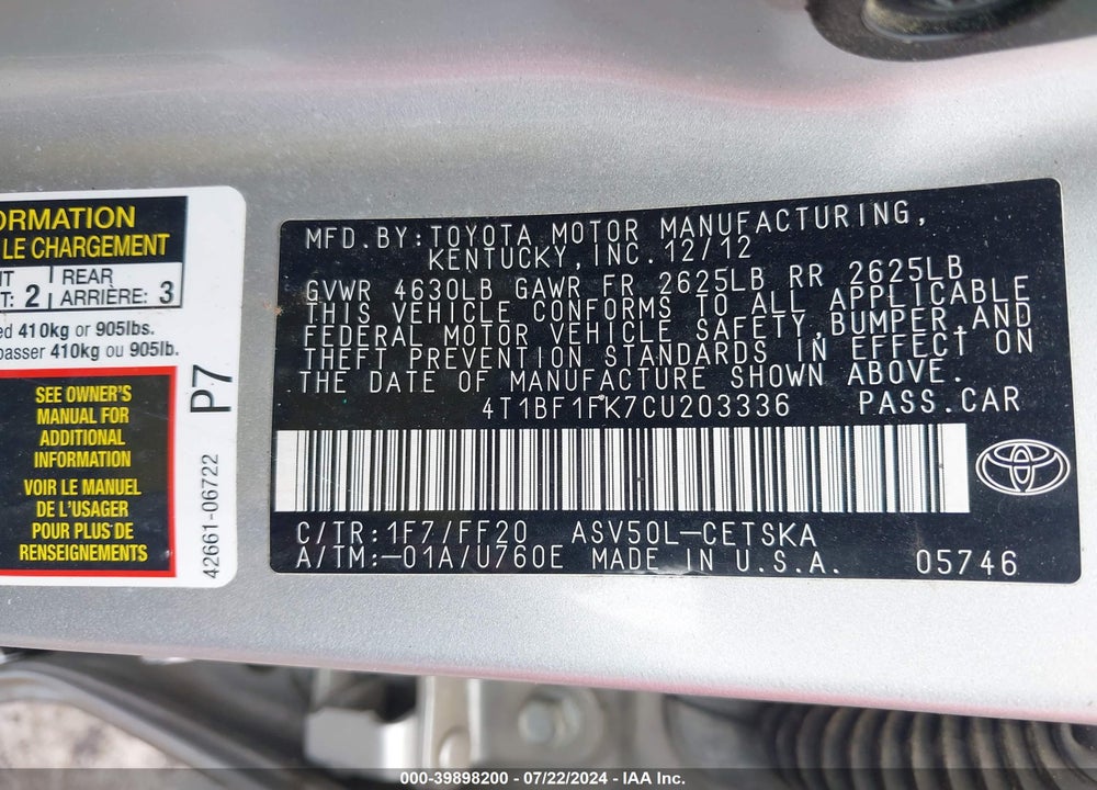 2012 TOYOTA CAMRY SE VIN: 4T1BF1FK7CU203336