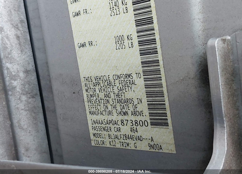 2010 NISSAN MAXIMA 3.5 SV VIN: 1N4AA5AP0AC873800