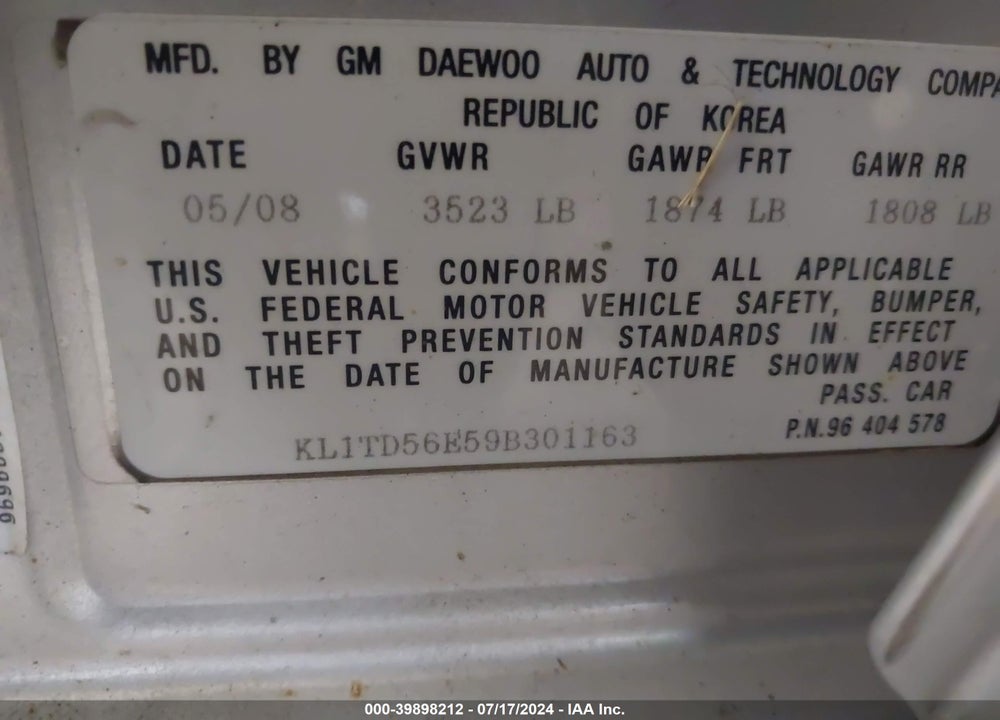 2009 CHEVROLET AVEO LT VIN: KL1TD56E59B301163