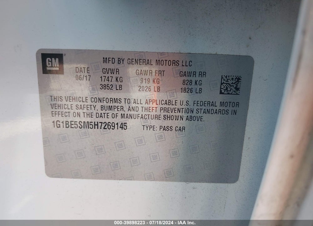 2017 CHEVROLET CRUZE LT AUTO VIN: 1G1BE5SM5H7269145