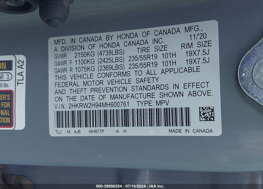 2021 HONDA CR-V AWD TOURING VIN: 2HKRW2H94MH600761