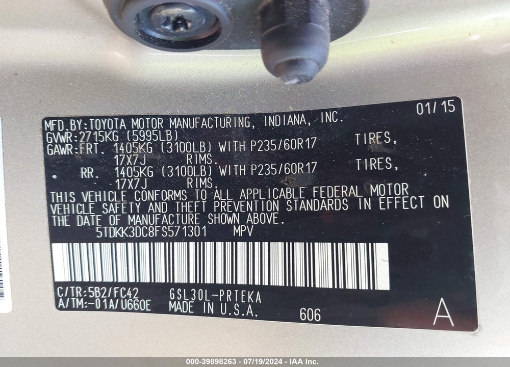 2015 TOYOTA SIENNA LE 8 PASSENGER VIN: 5TDKK3DC8FS571301