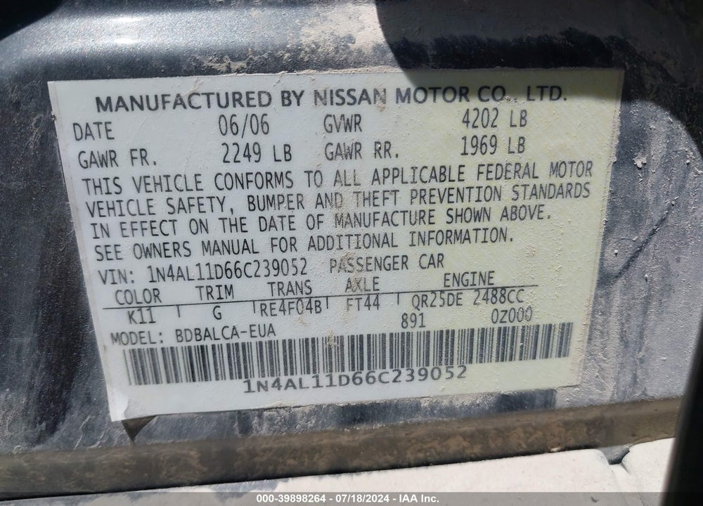 2006 NISSAN ALTIMA 2.5 S VIN: 1N4AL11D66C239052