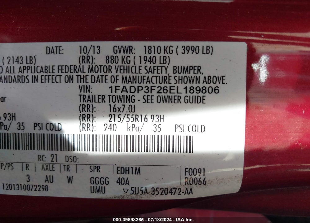 2014 FORD FOCUS SE VIN: 1FADP3F26EL189806
