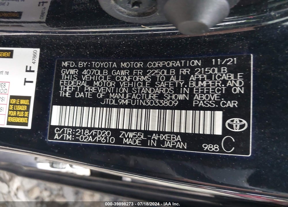 2022 TOYOTA PRIUS VIN: JTDL9MFU1N3033809
