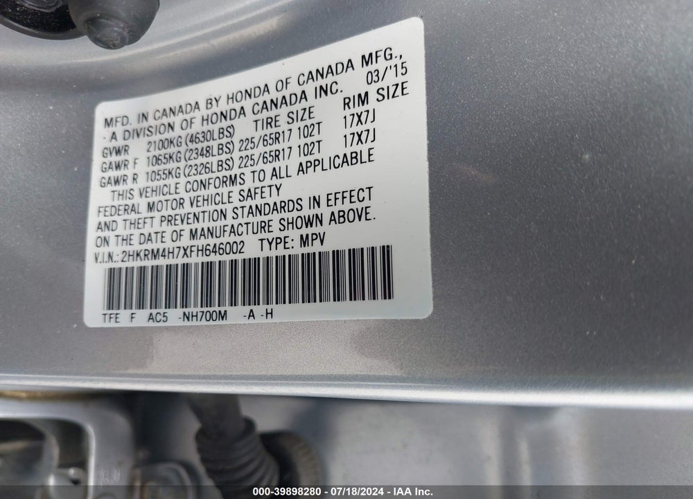 2015 HONDA CR-V EX-L VIN: 2HKRM4H7XFH646002