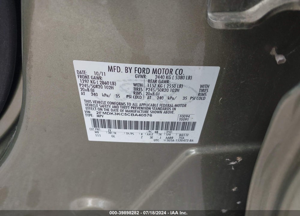 2012 FORD EDGE VIN: 2FMDK3KC5CBA40576