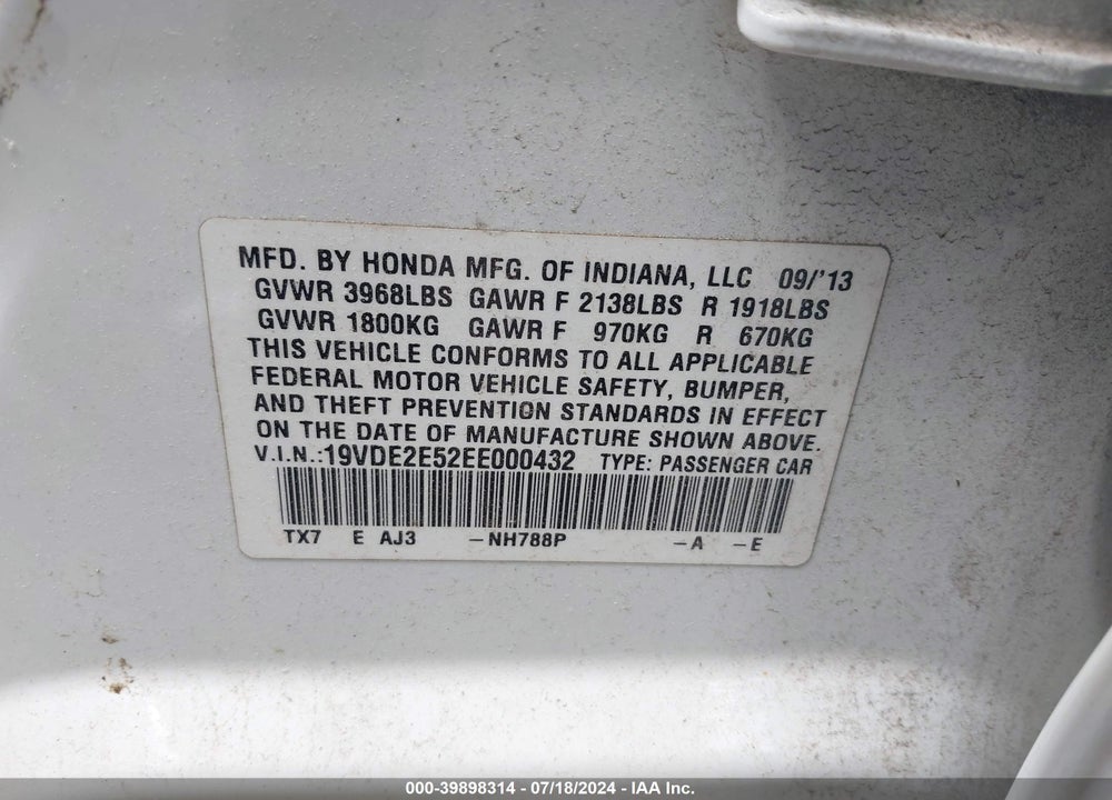 2014 ACURA ILX 2.4L VIN: 19VDE2E52EE000432