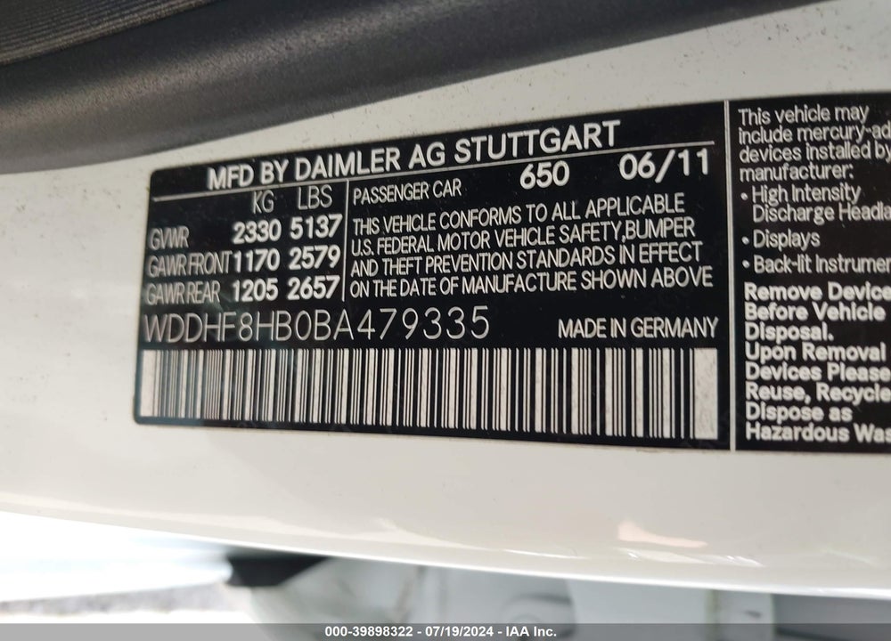 2011 MERCEDES-BENZ E 350 4MATIC VIN: WDDHF8HB0BA479335