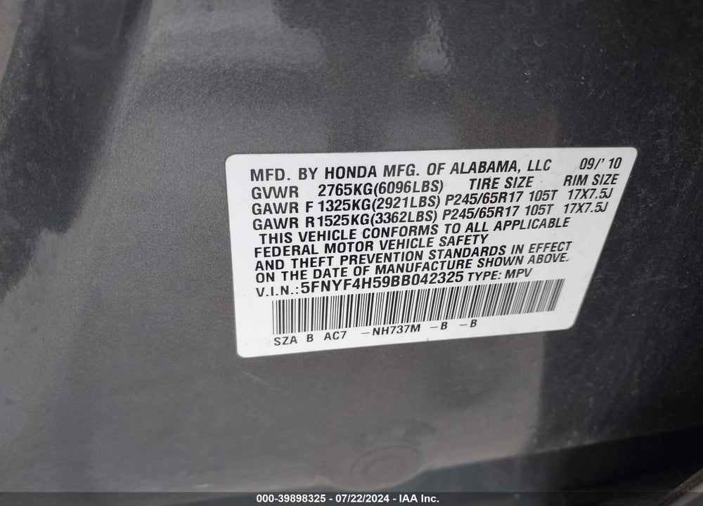 2011 HONDA PILOT EX-L VIN: 5FNYF4H59BB042325
