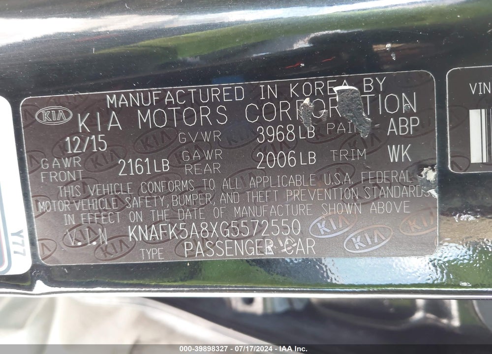 2016 KIA FORTE VIN: KNAFK5A8XG5572550