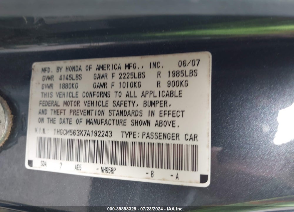 2007 HONDA ACCORD 2.4 SE VIN: 1HGCM563X7A192243