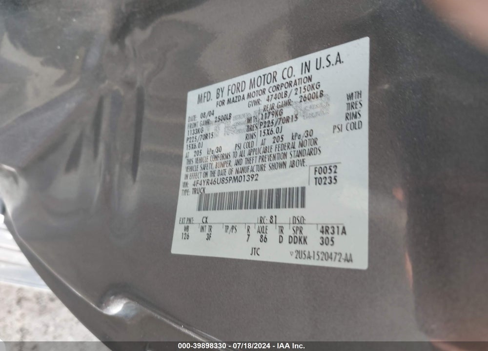 2005 MAZDA B3000 VIN: 4F4YR46U85PM01392