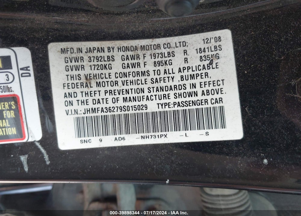 2009 HONDA CIVIC HYBRID VIN: JHMFA36279S015029