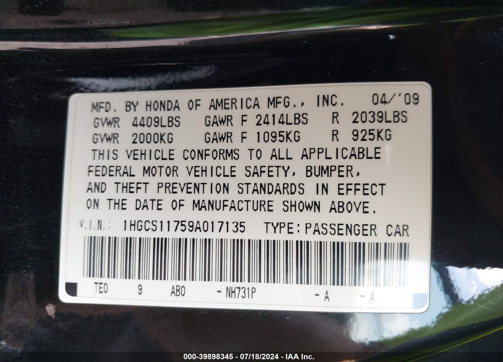 2009 HONDA ACCORD VIN: 1HGCS11759A017135