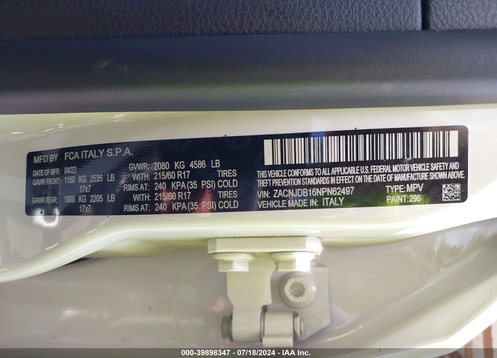 2022 JEEP RENEGADE LATITUDE 4X4 VIN: ZACNJDB16NPN62497