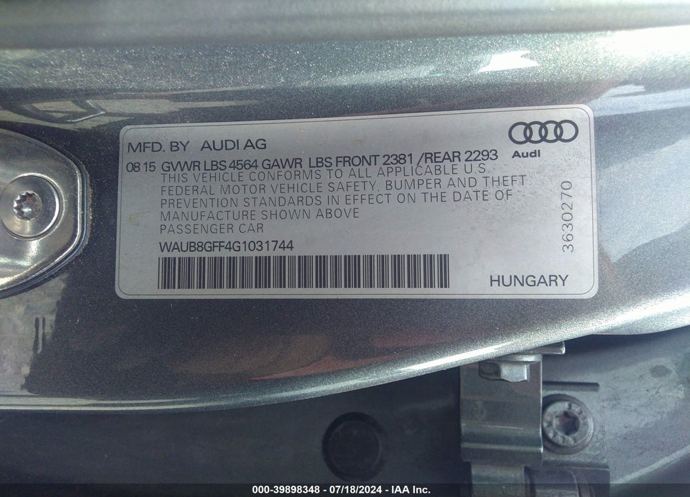 2016 AUDI A3 VIN: WAUB8GFF4G1031744