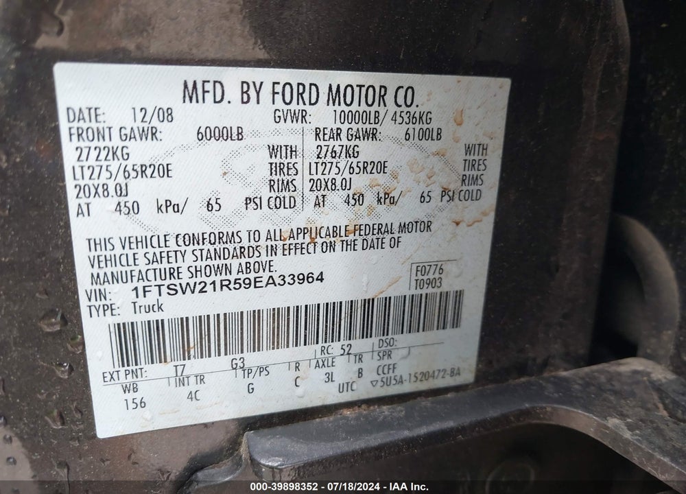 2009 FORD F-250 VIN: 1FTSW21R59EA33964