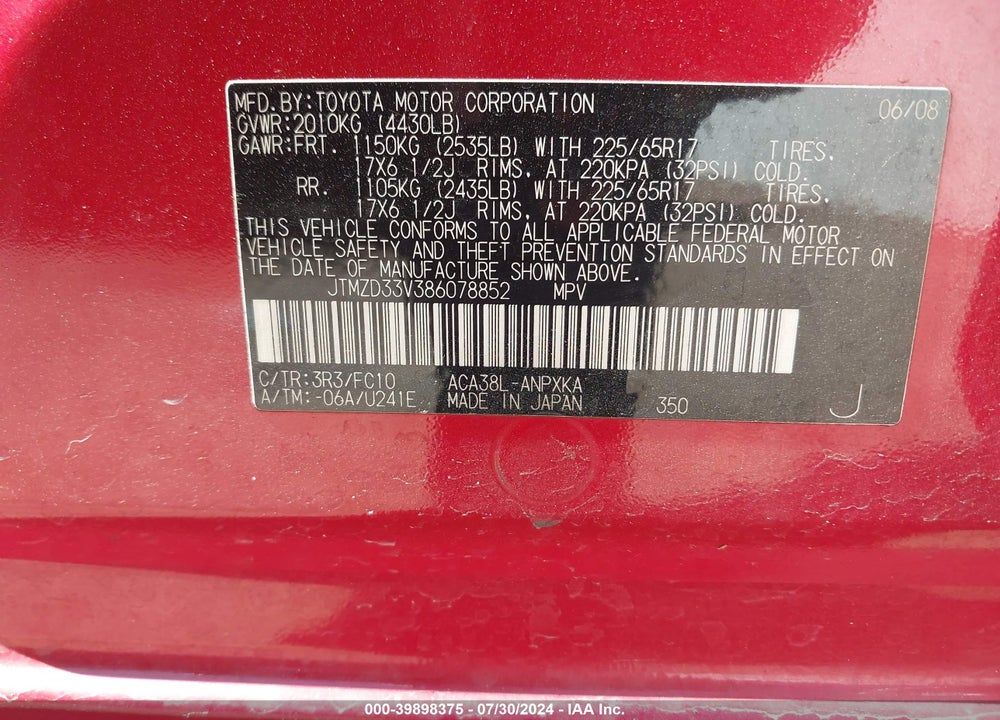 2008 TOYOTA RAV4 VIN: JTMZD33V386078852