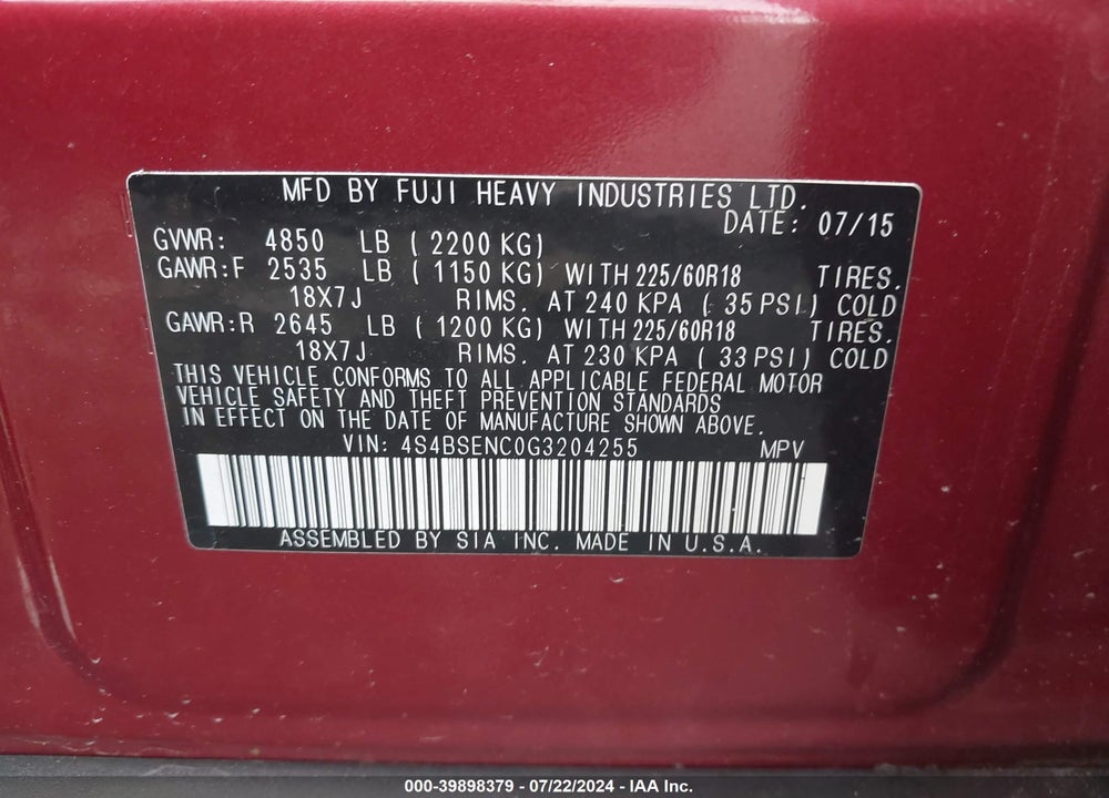 2016 SUBARU OUTBACK 3.6R LIMITED VIN: 4S4BSENC0G3204255