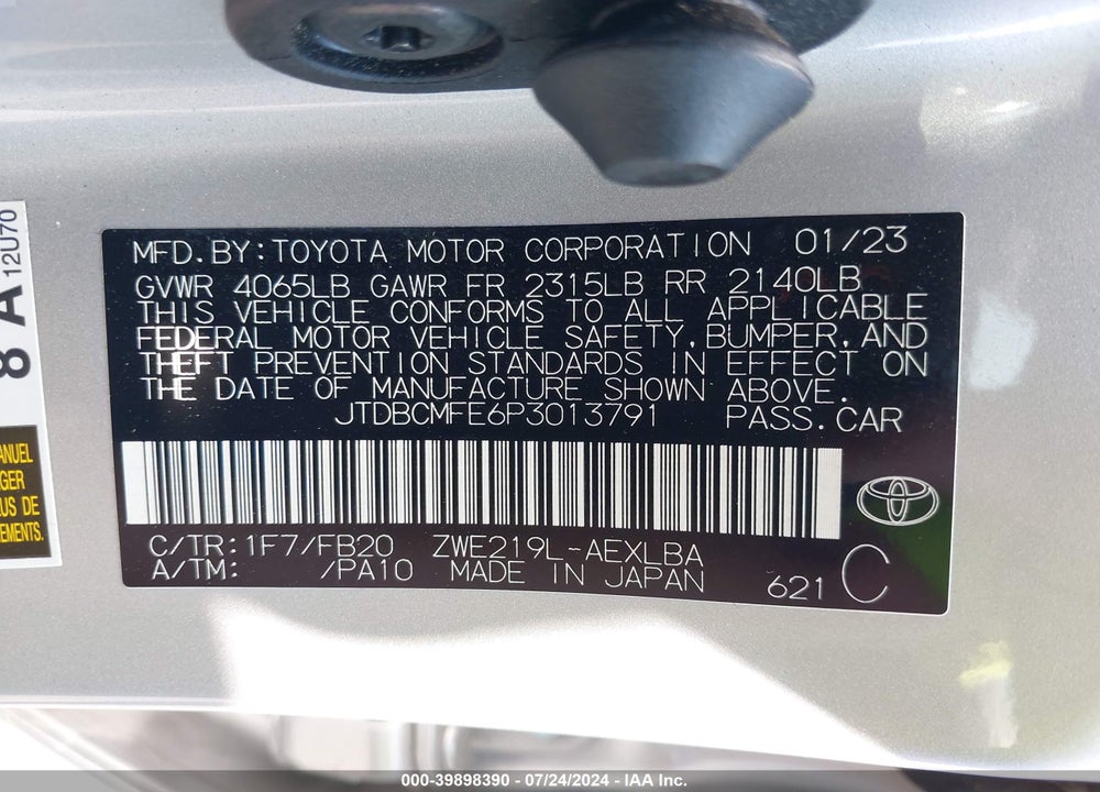 2023 TOYOTA COROLLA HYBRID LE VIN: JTDBCMFE6P3013791
