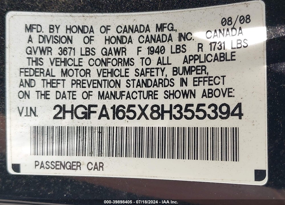 2008 HONDA CIVIC SDN LX VIN: 2HGFA165X8H355394