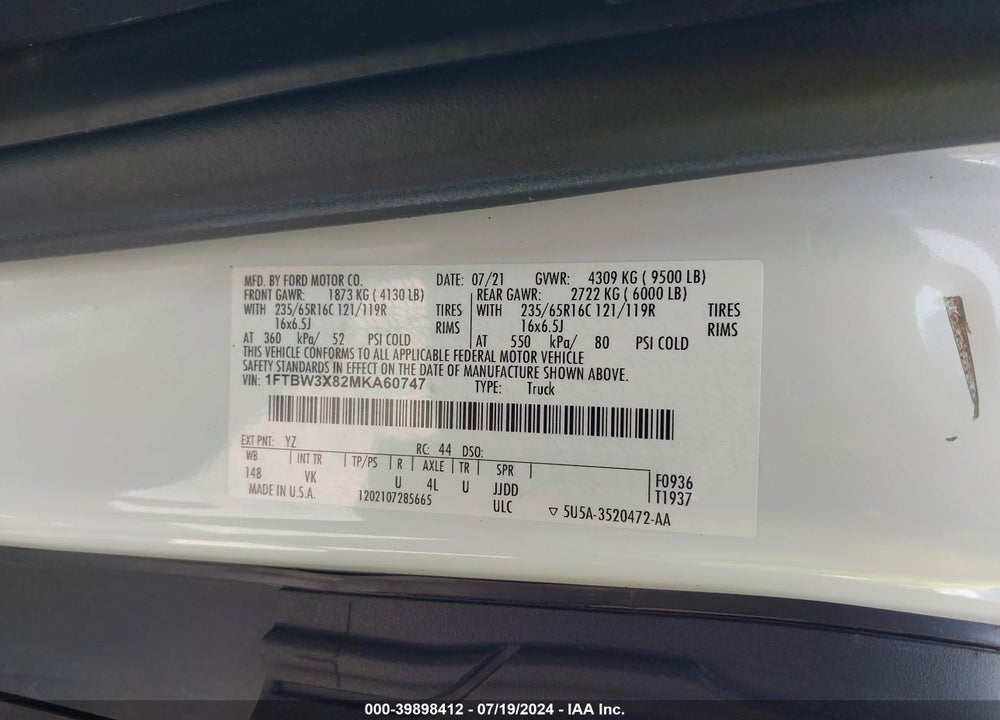 2021 FORD TRANSIT-350 CARGO VAN VIN: 1FTBW3X82MKA60747
