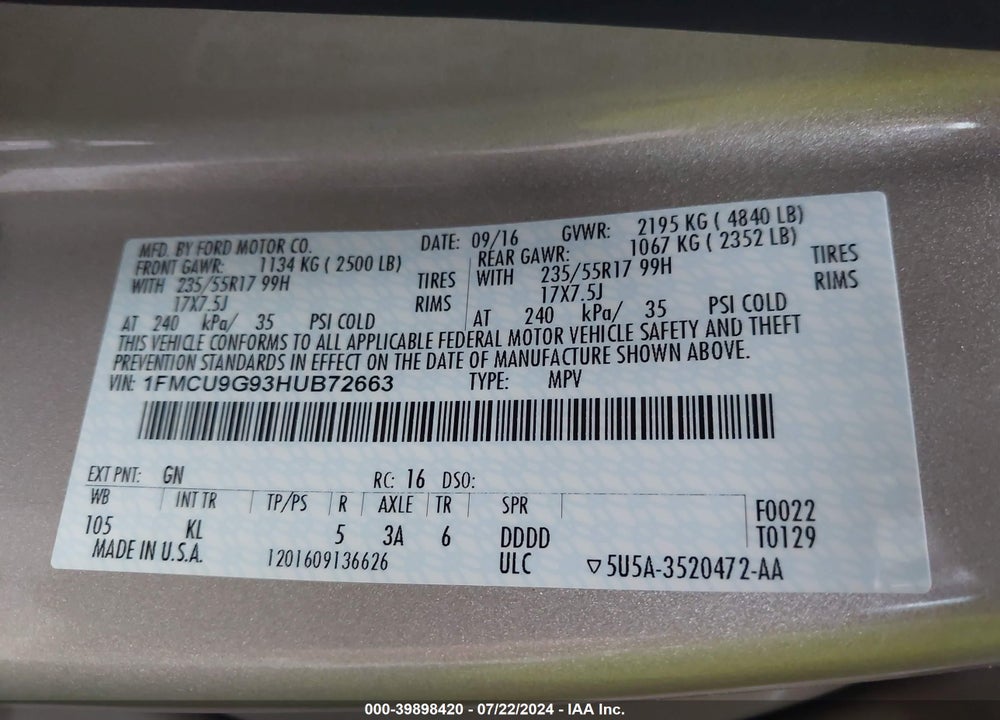 2017 FORD ESCAPE SE VIN: 1FMCU9G93HUB72663